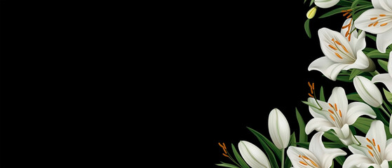 Background with Luxury golden lily flower Close-up of white lily flowers on black background. Condolences  postcard .