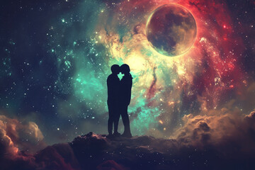 a couple cuddling on beautiful space sky background