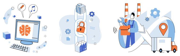Industry 4 vector illustration. The industrial revolution evolves in cyberspace Industry 4, powered by artificial intelligence In metaverse business, decisions echo through network innovative