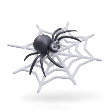 Cute realistic black spider spins web on white background. Composition for poster or Halloween decoration. Vector illustration in 3d style with shadow and white background