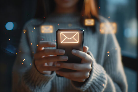 Woman holding a smartphone with a glowing email icon on screen