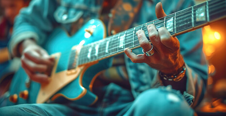 Guitarist on stage playing beautiful blue electric guitar, soft and blurred background. digital ai - obrazy, fototapety, plakaty