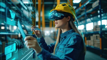 Futuristic Technology Warehouse Concept: Female Worker Doing Inventory, Using Augmented Reality Application On Tablet
