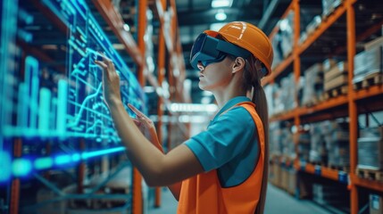 Futuristic Technology Warehouse Concept: Female Worker Doing Inventory, Using Augmented Reality Application On Tablet