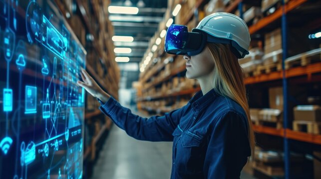 Futuristic Technology Warehouse Concept: Female Worker Doing Inventory, Using Augmented Reality Application On Tablet