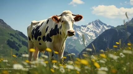 Fototapeta na wymiar spotted cow grazes in an alpine meadow