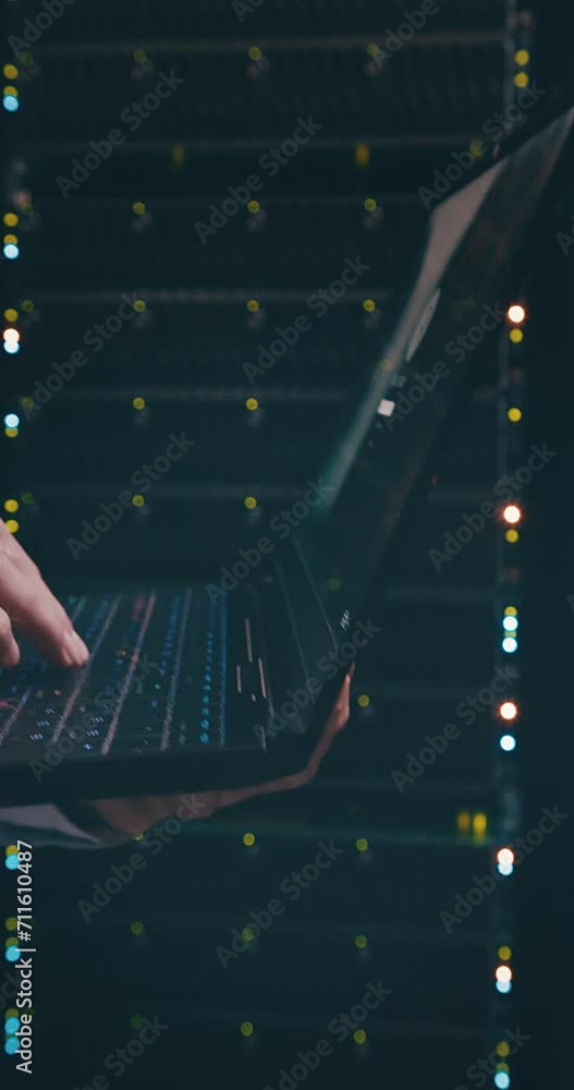 Poster Server room, hand and laptop typing with keyboard, information technology and online workplace. Datacenter, person and programmer with communication to store and power computer hardware on the system