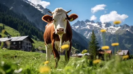 Foto op Canvas spotted cow grazes in an alpine meadow © Ziyan Yang