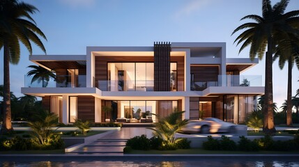 Fototapeta na wymiar The modern facade of a luxury villa. Luxury modern property design concept