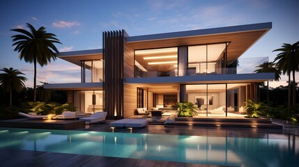 The modern facade of a luxury villa. Luxury modern property design concept - 711611074