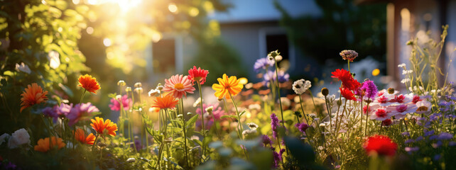 Summer backyard with vibrant wildflowers and warm sunlight with copy space