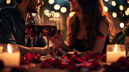 Romantic couple celebrating with champagne, Valentine's Day concept
