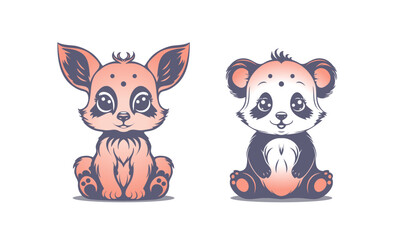 Vector set of cute little beautiful cuddly little animals. Sitting kids fox and panda. Cartoon stickers. White isolated background.