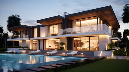 The modern facade of a luxury villa. Luxury modern property design concept - obrazy, fototapety, plakaty