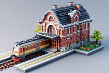 Lego model of a train station and a passenger train