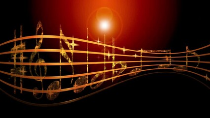 4K Music Note Animation for melody sound and orchestra concert. notes, clefs, and other musical staff symbols fly in colorful light rays for the intro, concert, titles, credits, show, portfolio, scree