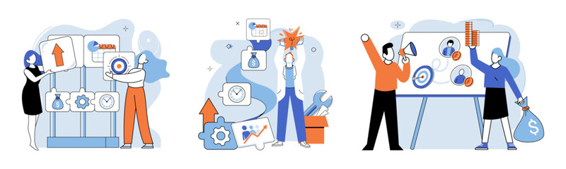 Business development. Vector illustration. Men and women excel in diverse business roles and leadership positions Inclusive groups leverage diverse perspectives for success Finance experts predict