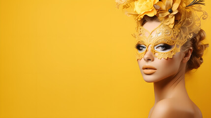 
Close-up portrait of a sexy European woman wearing a golden Venetian carnival mask. Photo model perfect bronze skin, gold evening makeup, masquerade mask on isolated yellow background - obrazy, fototapety, plakaty