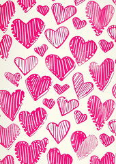 Rustic pink linocut heart Valentines Day holiday pattern, craft romantic design