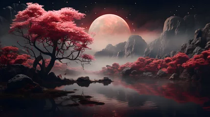 Fotobehang Romantic night scene - beautiful red cherry blossoms - sakura flowers near the river, in the night sky with full moon looking from behind the rocks, fantasy style artwork with vintage color tone. © Анна Ілющенко