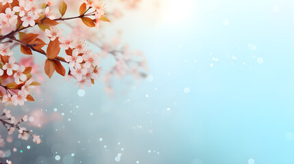 Naklejka premium Spring banner. Blossoming cherry branch on isolated blue background Floral mockup of spring flowers. Top view and copy space. Festive floral background.
