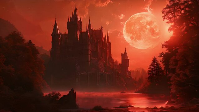 The moons crimson hue reflects off the stagnant moat below, giving the castle an unnerving crimson glow. Fantasy animatio