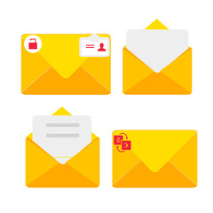 Letter envelope with paper document vector illustration. Closed, open with a message e-mail envelopes. Set mailbox vector icons in flat style.