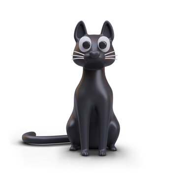 Front view on cute black animal. Realistic cat sitting on white background. Cute kitten in cartoon style concept. Vector illustration in 3d style with shadow