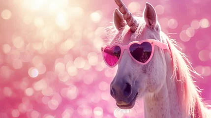 Foto op Plexiglas Unicorn Wearing Pink Heart-Shaped Sunglasses in a Sparkling Pink Fantasy © esp2k