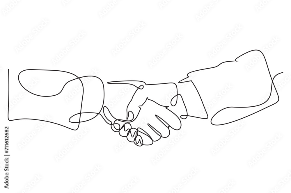 Poster continuous line drawing of handshake. handshaking of business partners drawn by one single line. vec