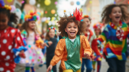 Colorful Carnival Celebration with Joyful Participants - obrazy, fototapety, plakaty