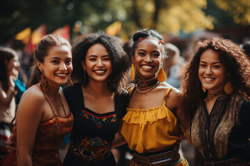 Multicultural festival: People from various nationalities hugging and dancing in unity, showcasing the beauty of diversity and unity in traditional clothing. - obrazy, fototapety, plakaty