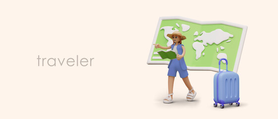 Female character is looking for way using map. Travel concept. Advertising of services of guide, travel agency. Applications for navigation, location search