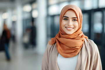 Generative AI technology conceptual picture Young confident arabian asian muslim woman in abaya hijab - Powered by Adobe