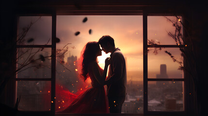 couple in love kissing near a window with a view of the city.Concept of Valentine's Day