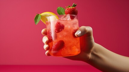 Woman holding glass of fresh strawberry lemonade on pink background. Glass of cold beverage. - Powered by Adobe