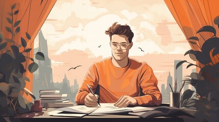 Tired and exhausted college student studying concept. Illustration of young man doing paper work. - Powered by Adobe
