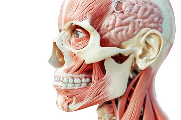 Human skull anatomy with highlighted frontal, temporal, and jaw muscles. - obrazy, fototapety, plakaty