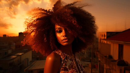 Beautiful young African-American woman in a dress against the backdrop of the city, sunset. Dark-skinned girl with voluminous curly hair, backlighting. Summer
