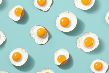 Sunny side fried eggs pattern on coloured background.