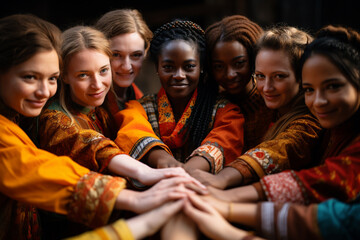 United heritage: A group of people from different nationalities dressed in traditional clothes, forming a circle of unity and celebrating shared heritage. - obrazy, fototapety, plakaty