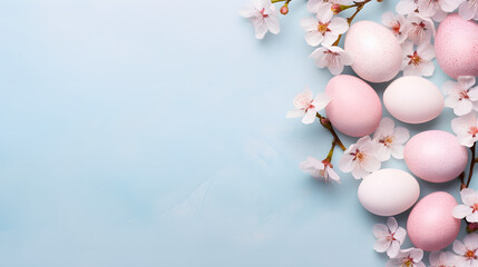 Happy Easter! Pink Easter eggs with cherry blossoms lie on a blue background. Greeting card or banner Stylish gentle spring template with place for text.