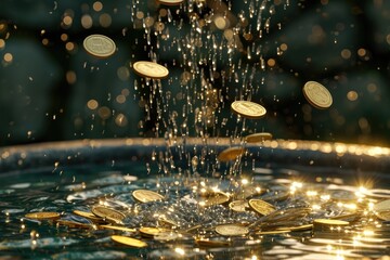 coins are in mid-air and submerged in the water creating a dynamic scene