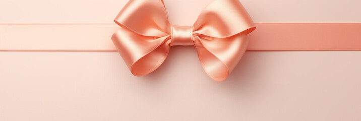 Peach pastel ribbon tied in a neat bow on soft pink background. Minimalistic backdrop. Holiday concept. Design for For Birthday, Valentine's Day and Mother’s day cards. Banner with copy space 