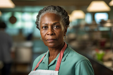 AI generated image of school cook preparing meal for children