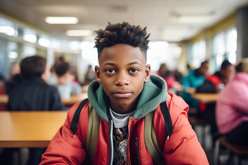 Naklejka premium AI generated photography of adorable child having lunch in the school canteen enjoying a delicious menu