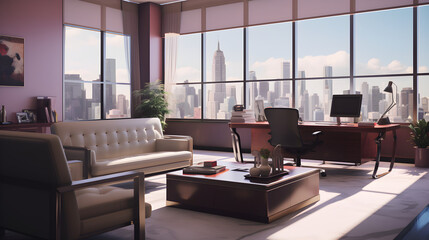 large corporate executive woman's office like in Suits tv show, morning light