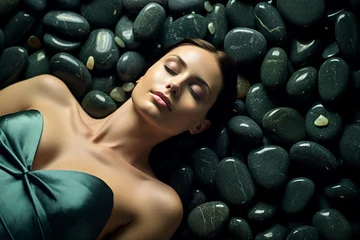 Foto op Canvas Generative AI picture of lovely cute woman enjoy meditation in spa among stones © Tetiana