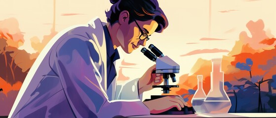 A man scientist is studying a sample under a microscope. Scientist in a lab coat. Research work.