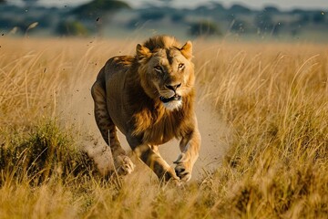 Lion Running in Savanna
